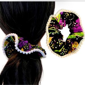 Mardi Gras Pom Pom Rhinestones Crystal Scrunchie, Hair Tie, Fat Tuesday Party
